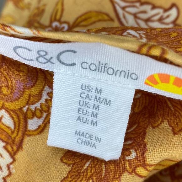 C&C California Womens Yellow Floral Long Sleeve Tie Front Boho Tunic Blouse Sz M - Picture 5 of 6